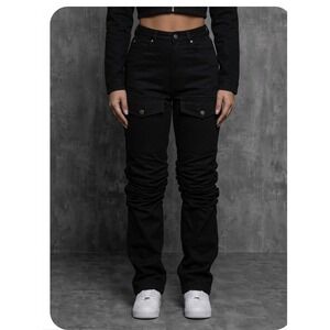 Milano Di Rouge Aaliyah Ruched Pant Black Stacked Cargo Utility Trousers Women L